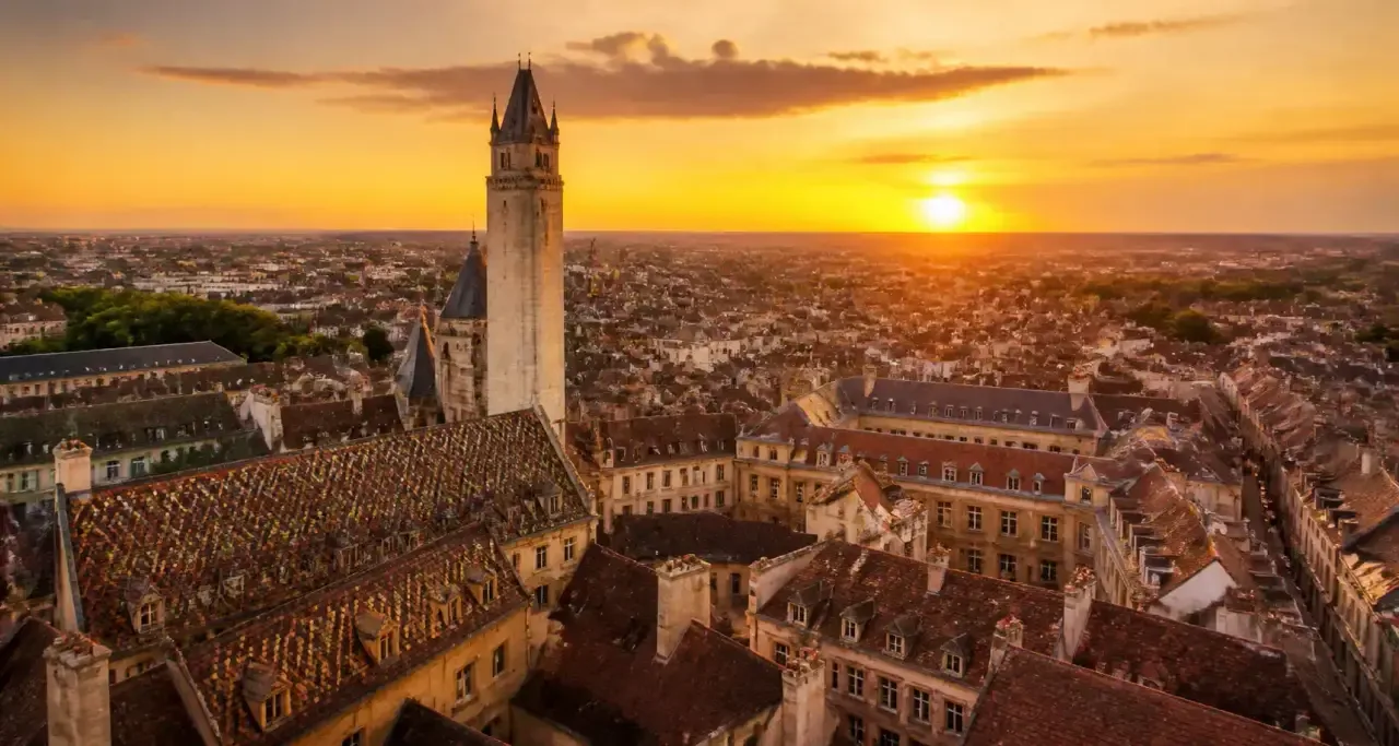 Centre historique de Dijon au coucher du soleil, toits bourguignons