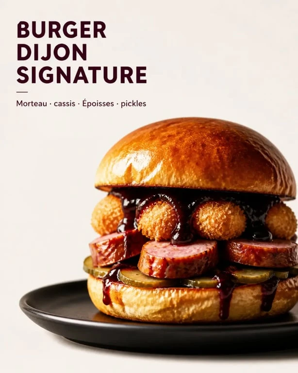 Burger Dijon Foodies gourmet aux produits locaux sur assiette sombre