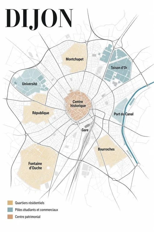 Vue éditoriale des quartiers dijon avec un panorama de Dijon et des zones résidentielles et commerçantes mises en valeur