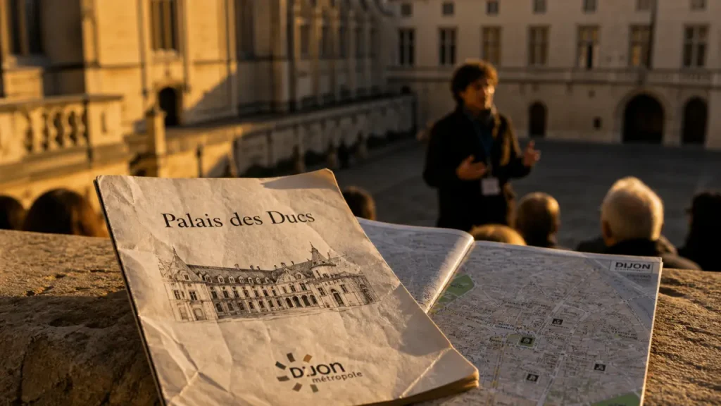 Journée du patrimoine Dijon : guide et plan du Palais des Ducs, livret sur cour pavée.