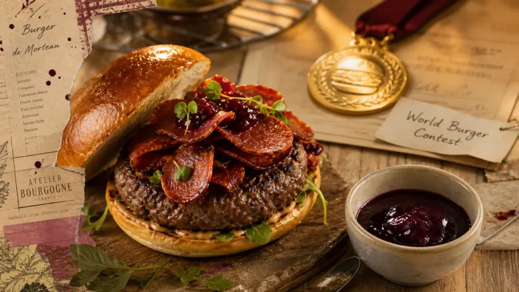 Burger dijon champion du monde : burger primé avec chips de Morteau et sauce au cassis