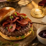 Burger dijon champion du monde : burger primé avec chips de Morteau et sauce au cassis