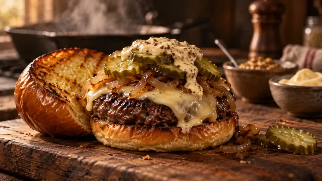 Burger maison dijon : steak juteux, sauce piquante, oignons et cornichons