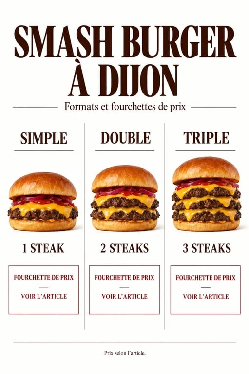 Infographie des formats et prix d'un smash burger Dijon en simple, double ou triple