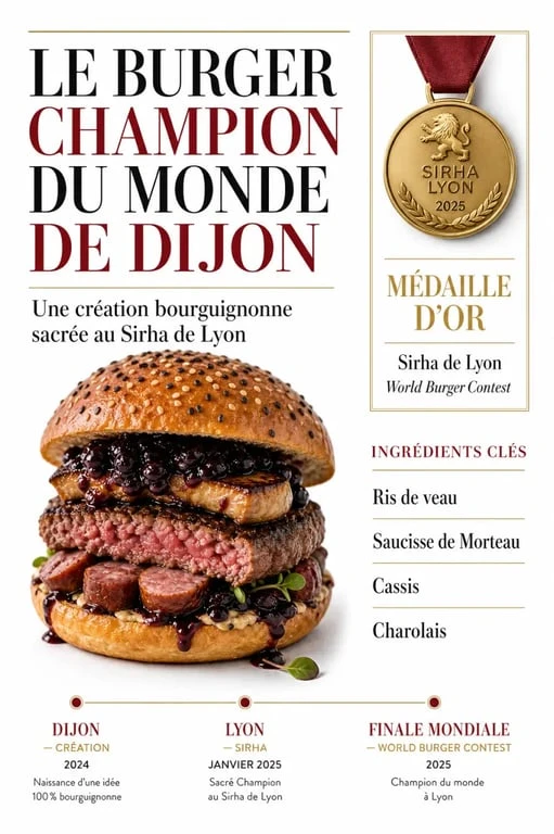 burger dijon champion du monde : résumé visuel du titre au World Burger Contest, des ingrédients locaux et de la médaille d’or