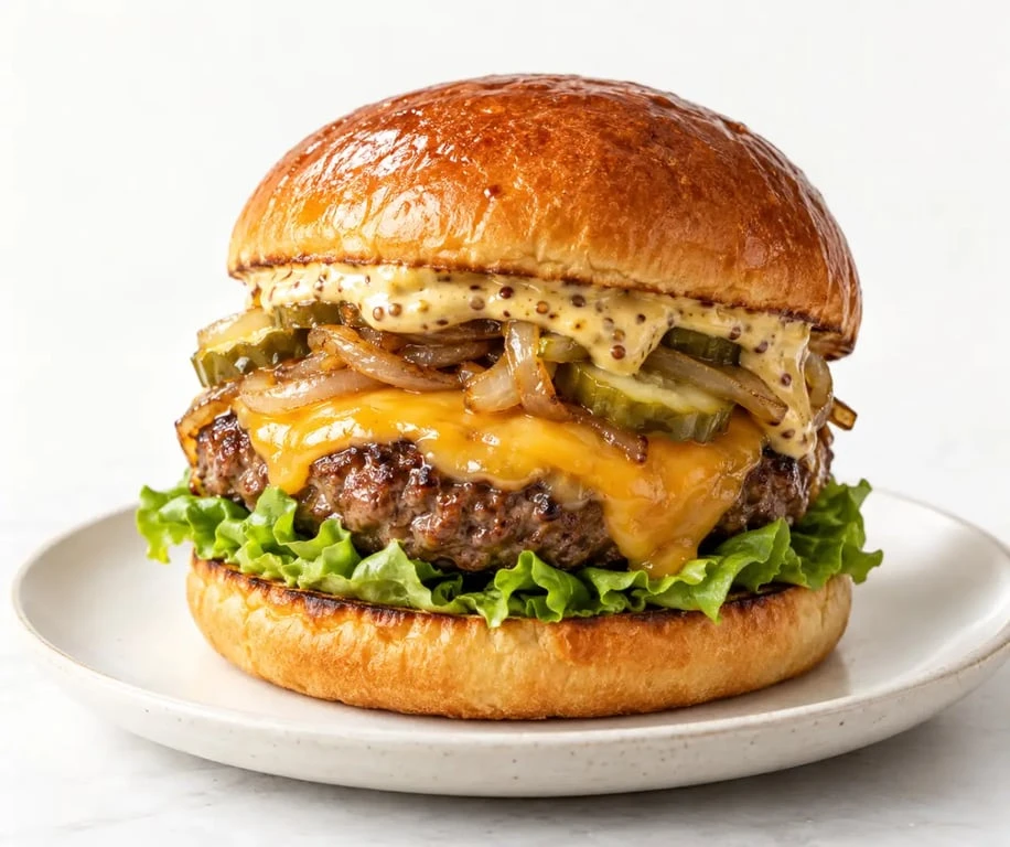 Burger maison Dijon avec moutarde, cheddar, oignons fondants et cornichons