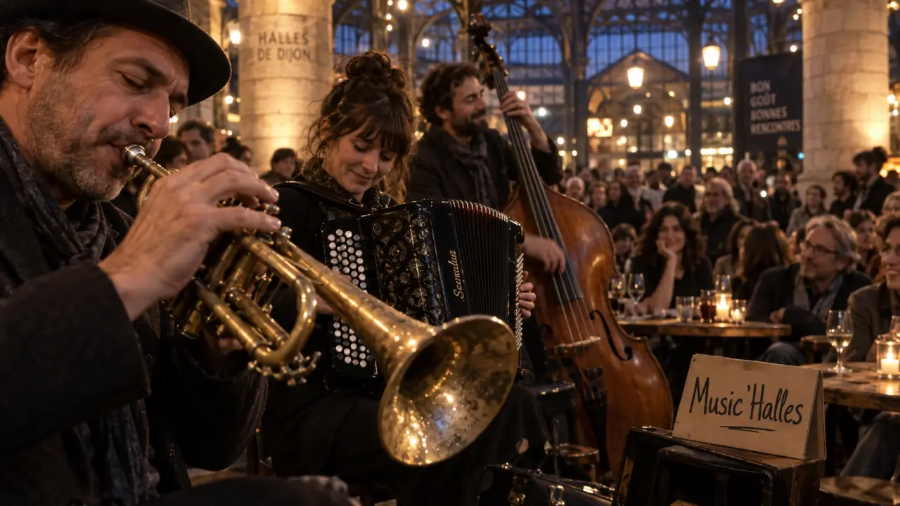 Music halles dijon : trois musiciens sous les Halles de Dijon, trompette, accordéon et contrebasse