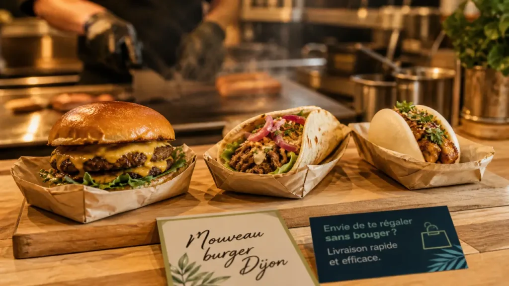 Nouveau burger Dijon : smash et wraps à prix neuf, en vitrine.