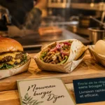 Nouveau burger Dijon : smash et wraps à prix neuf, en vitrine.