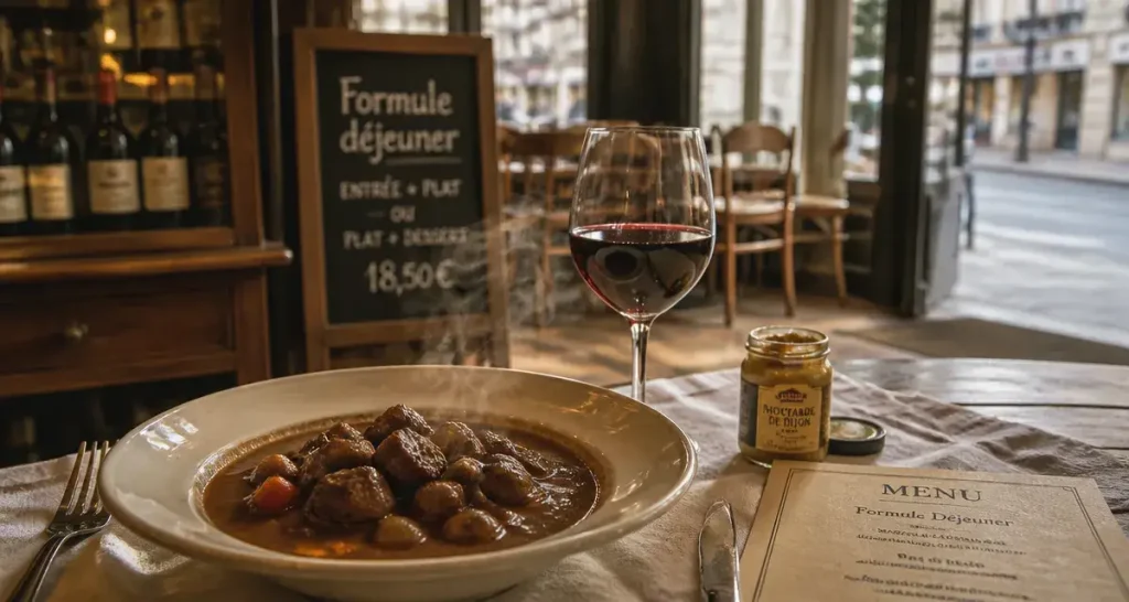 Restaurants dijon sud : bœuf bourguignon fumant et vin rouge en salle