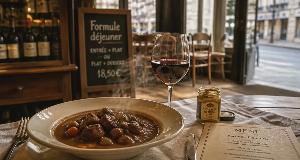 Restaurants dijon sud : bœuf bourguignon fumant et vin rouge en salle