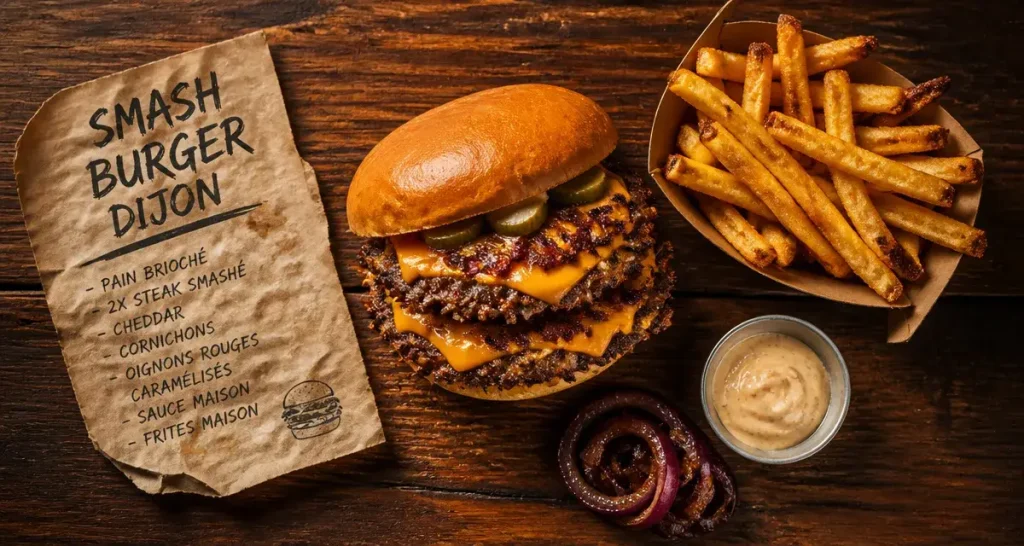Smash burger dijon double au cheddar, cornichons et frites