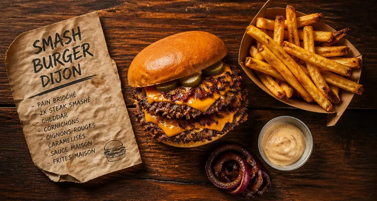 Smash burger dijon double au cheddar, cornichons et frites