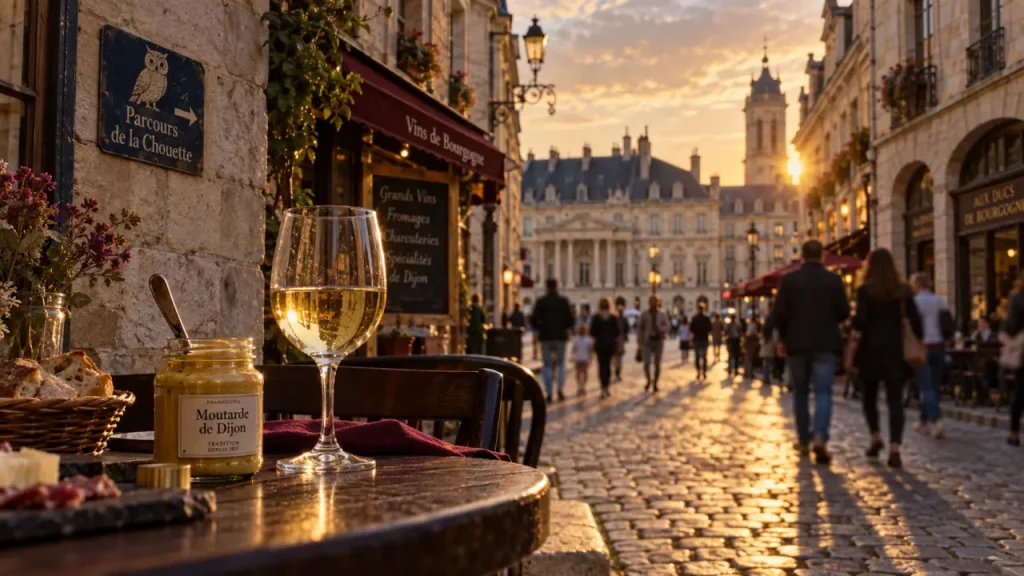 Visiter dijon centre, rue piétonne dorée à Dijon au coucher du soleil